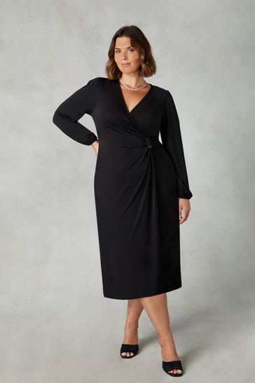 Live Unlimited Curve Jersey Buckle Trim Wrap Midi Black Dress