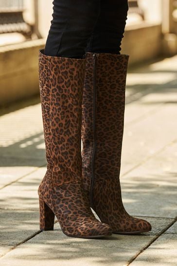 Sosandar Animal Brown Suede Zip Knee High Boots
