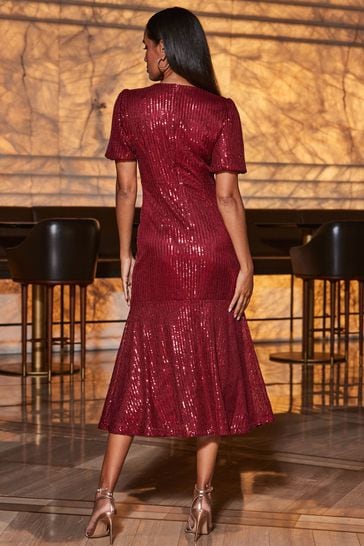 Sosandar Red Sequin Fit and Flare Puff Sleeve Midi Dress