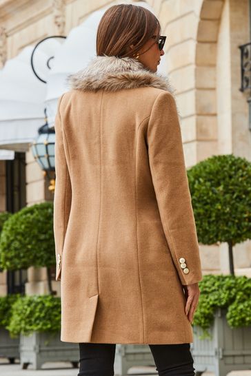 Camel faux fur outlet collar coat