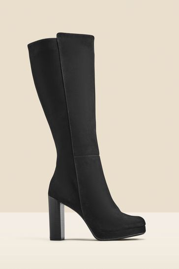Sosandar Black Nubuck Leather Platform Block Heel Knee High Boots