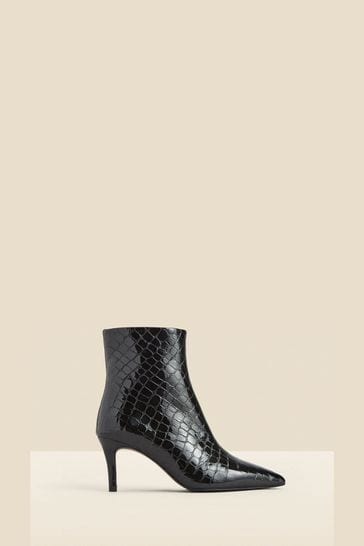 Sosandar Black Croc Effect Leather Mid Heel Ankle Boots