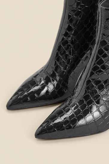 Sosandar Black Croc Effect Leather Mid Heel Ankle Boots