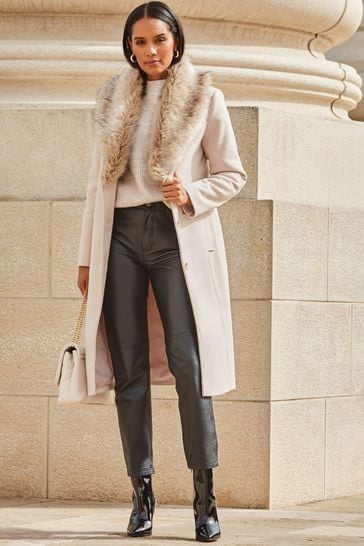 Buy Sosandar Beige Faux Fur Leather Longline Shirt Dress from Next