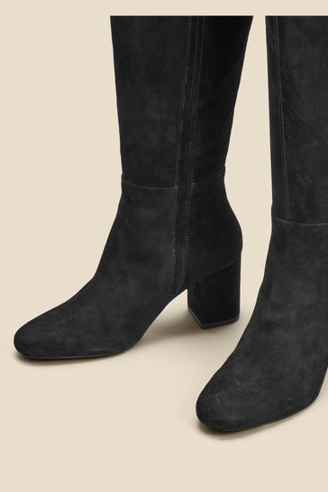 Buy Sosandar Black Stretch Suede Low Block Heel Knee High Boots