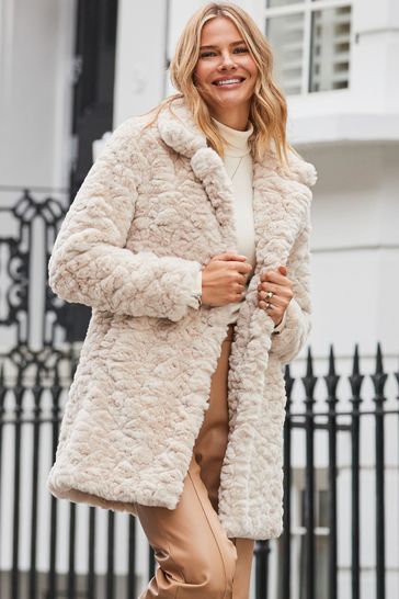 Textured longline faux outlet fur coat