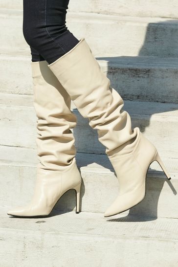 Sosandar Cream Belle Leather Slouch Stiletto Heel Knee High Boots