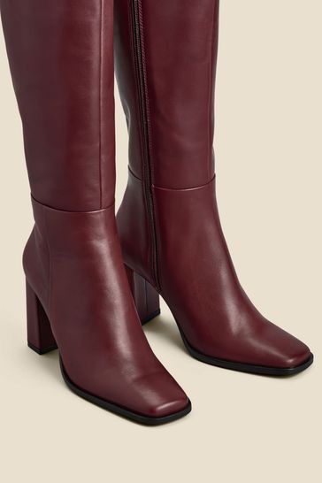 Buy Sosandar Red Leather Square Toe Block Heel Knee High Boots