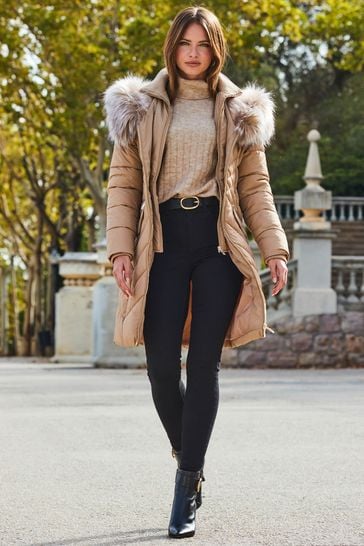 Brown padded coat with fur hood new arrivals