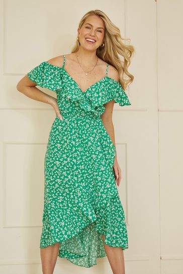 Mela Green Ditsy Print Bardot Midi Dress With Dip Hem