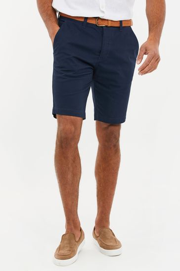 Threadbare Navy Cotton Stretch Turn-Up Chino Shorts with Woven Belt