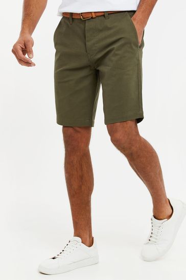 Threadbare Olive Green Cotton Stretch Turn-Up Chino Shorts with Woven Belt