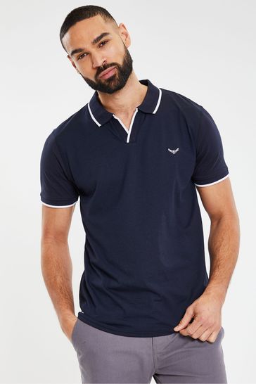 Threadbare Blue Denim Open Collar Pique Polo Shirt