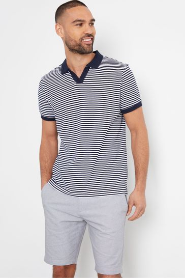 Threadbare Navy Open Collar Striped Pique Polo Shirt