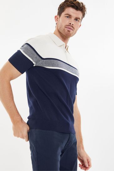 Threadbare Navy Blue & White Cotton Blend 1/4 Zip Knitted Polo Shirt