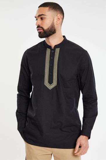 Buy Threadbare Black Long Sleeved Cotton Kurta Tunic Shirt from