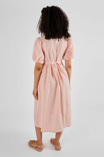 JoJo Maman Bebe Coral Gingham Puff Sleeve Maternity Midi Dress
