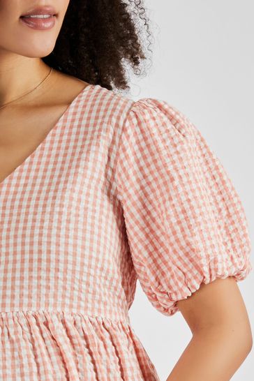 JoJo Maman Bebe Coral Gingham Puff Sleeve Maternity Midi Dress