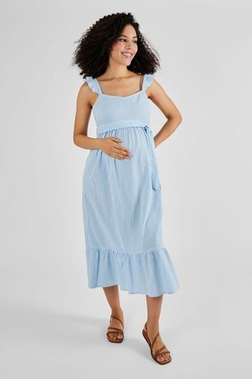 JoJo Maman Bébé Blue Striped Maternity Midi Summer Dress