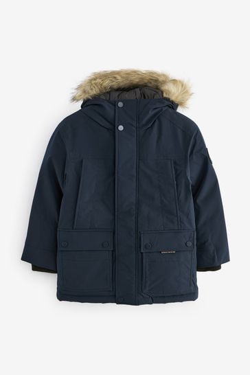 Armani exchange long down parka with faux fur trim in navy best sale