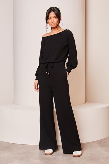 Lipsy Black Petite Cosy Off The Shoulder Long Sleeve Jumpsuit