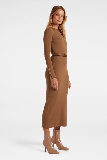 Forever New Brown Hannah Belted Midi Knit Dress