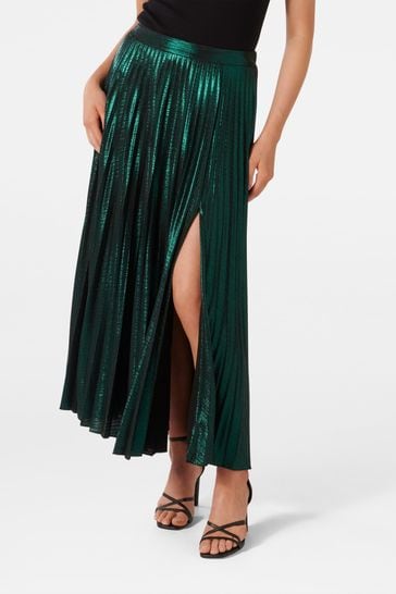 Forever New Green Rylee Metallic Pleated Skirt