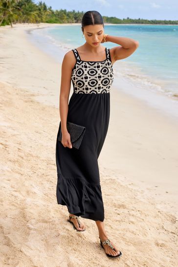 Lipsy Black/White Crochet Mix Cami Holiday Shop Maxi Dress