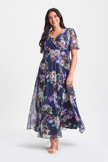 Scarlett Jo Blue Floral Isabelle Rose Angel Sleeve Maxi Dress