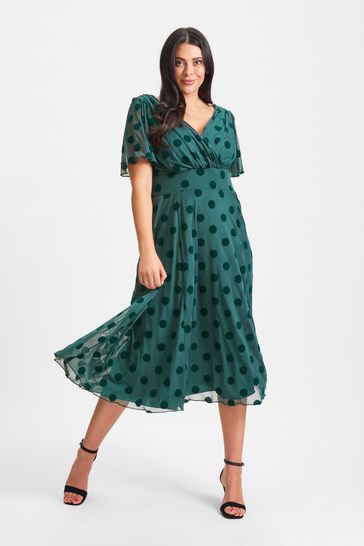 Scarlett & Jo Green Victoria Flock Spot Angel Sleeve Mesh Midi long Dress