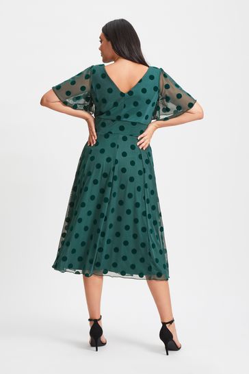 Scarlett Jo Green Victoria Flock Spot Angel Sleeve Mesh Midi long Dress