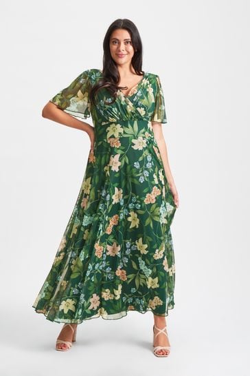 Scarlett & Jo Green Floral Isabelle Angel Sleeve Maxi Dress