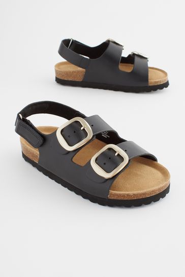 Black Leather Wide Fit (G) Two Strap Corkbed Sandals