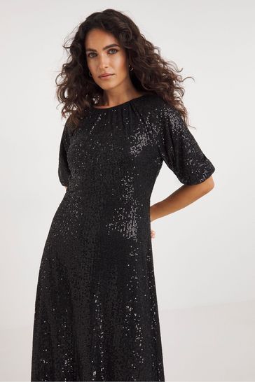 Buy JD Williams Linear Sequin Puff Sleeve Black Midi Dress from