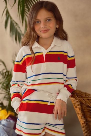 Polo Ralph Lauren Girls Green Striped Terry Rugby Shirt Shorts Set