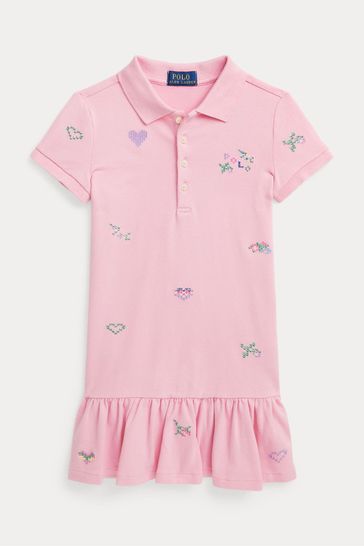 Polo Ralph Lauren Girls Pink Embroidered Stretch Mesh Polo Dress