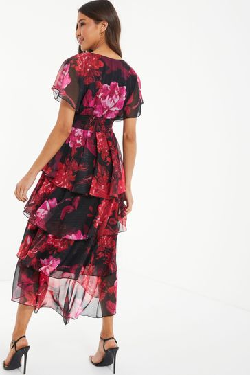Quiz Black Metallic Floral Chiffon Tiered Dress