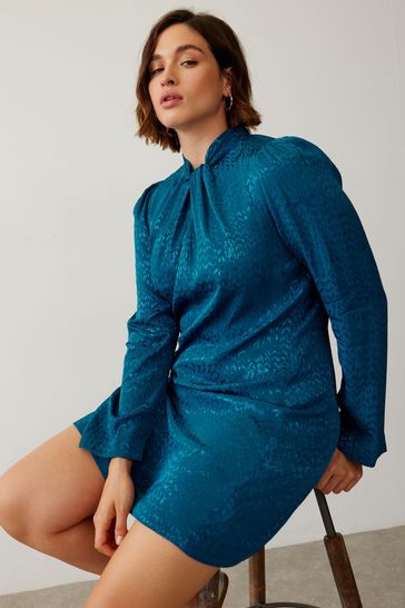 Buy Oliver Bonas Blue Satin Jacquard Metallic Knot Mini Dress from