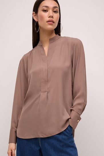 Taupe Long Sleeve Overhead V-Neck Relaxed Fit Blouse