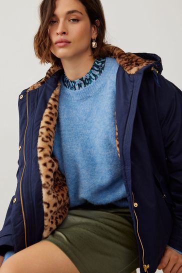 Oliver Bonas Blue Short Animal Print Faux Fur Hooded Parka Coat