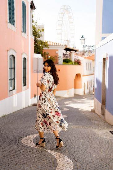 Buy Yumi White Bird and Floral Print Ruched Waist Kimono Midi Dress from Next Bahrain