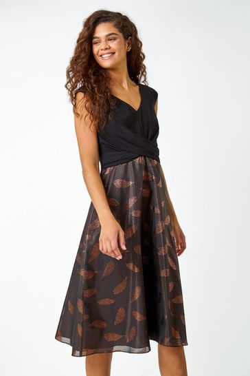 Roman Metallic Feather Print Skater Dress