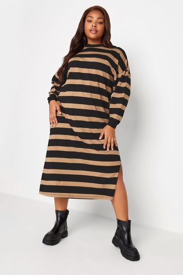 Yours Curve Natural Oversized Long Sleeve T-Shirt Jumbo Stripe Cuffed Dress