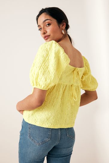 Yellow Textured Puff Sleeve Square Neck Top