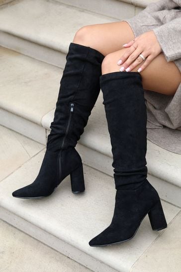 Linzi Black Bonnie Faux Suede Block Heel Knee High Ruched Boots With Pointed Toe