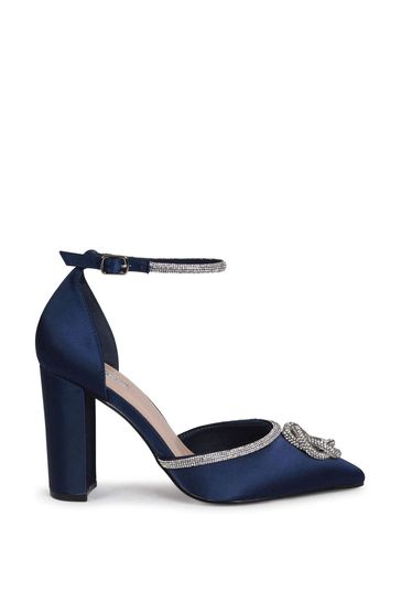 Linzi Blue Flourish Closed Toe Block Heels With Round Diamante Trim