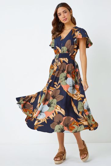 Buy Roman Blue Angel Sleeve Floral Print Midi Dress from Next Ireland