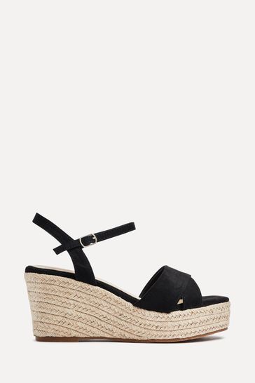 Linzi Black Wide Fit Desert Wedges With Ankle Strap And Cross Over Detail