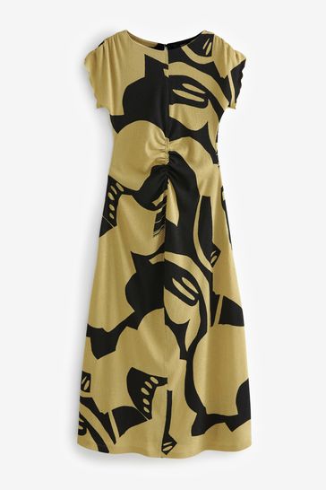 Khaki Green Textured Ruched Midi Dress