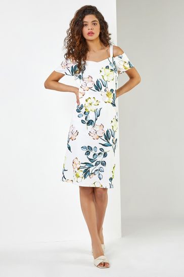 Roman White Floral Cold Shoulder Scuba Dress
